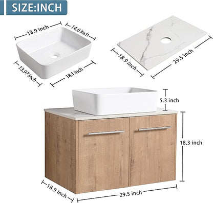 30" Floating Vanity with Sink, 30 Inch Bathroom Vanity with Sink, Modern Plywood Floating Cabinet with Sintered Stone Countertop and White Ceramic Basin, Soft Close Doors