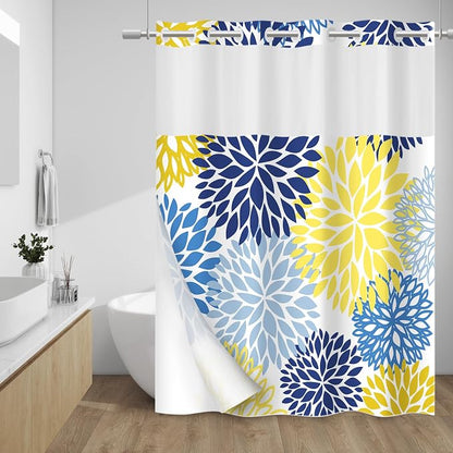No Hook Floral Shower Curtain with Liner, Yellow, 71x74 | Snap in Liner, 3 in 1, Water Repellent, Easy Install, Machine Washable, Hotel Style for Bathroom, Watercolor Pattern