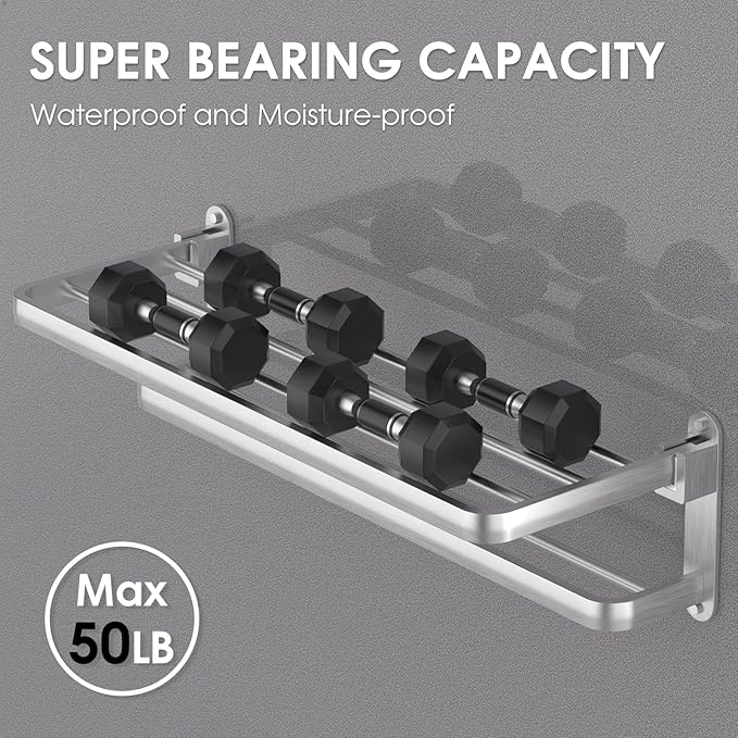 BOZWELL Bathroom Lavatory Towel Rack with Two Towel Bars,Brushed Satin Nickel 16-Inch Towel Shelf with Towel Bar,Towel Holder 1011-BSN-40 (Brushed Satin Nickel Finish)