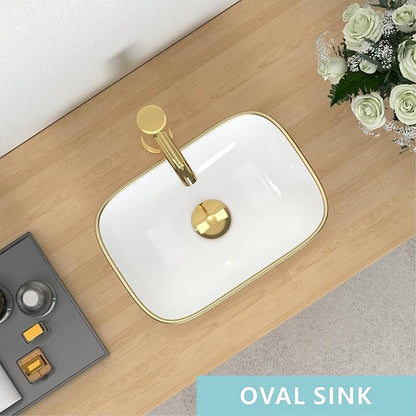 J-FAMILY 14.5'' x 10'' Bathroom Small Vessel Sink Above Counter White Porcelain Ceramic Sink Bowl GoldTrim Decoration Small Vanity Sink Lavatory Wash Basin