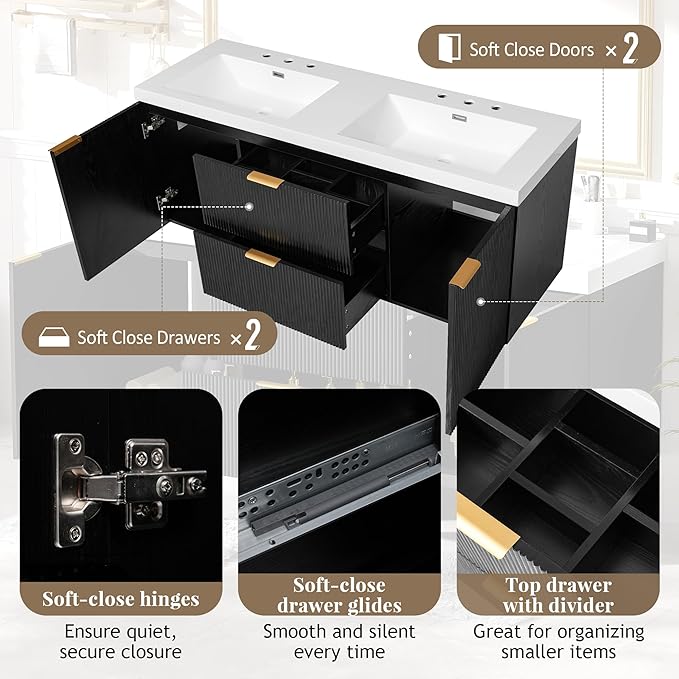 60" Bathroom Vanity with Sink Combo, Floating Double Sink Bathroom Vanity with SMC Resin Top, MDF Cabinet with Solid Wood Frame, Wall-Mounted Bath Room Vanities for Large Bathrooms (60''-Black)