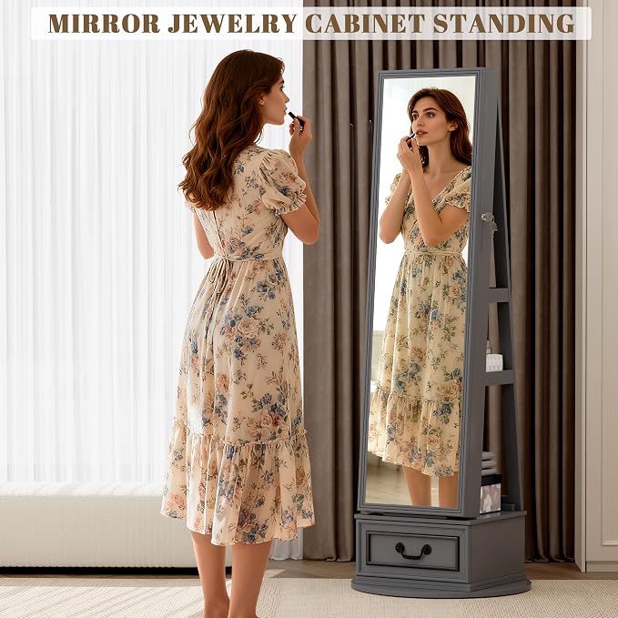 Vlsrka Mirror Jewelry Cabinet Standing with Lights, Lockable, Swivel, Grey | Standing Jewelry Armoire with Full Length Mirror, Large Jewelry Organizer Storage with Foldable Makeup Shelf, 3 LED Lights