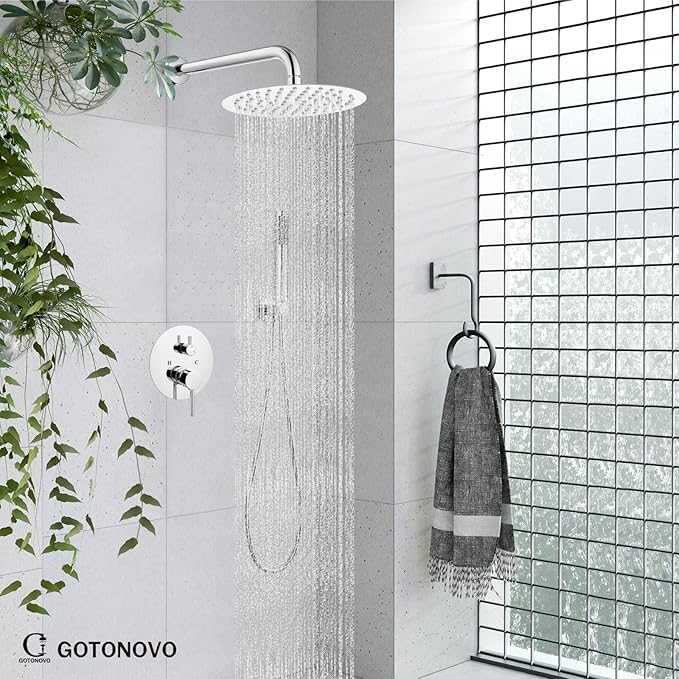gotonovo Shower System 10 Inch Round Rainfall Showerhead Wall Mounted High Pressure Shower Faucet Set Fixture Combo with Rough in Valve and Cylindrical Handheld Spray, Polish Chrome
