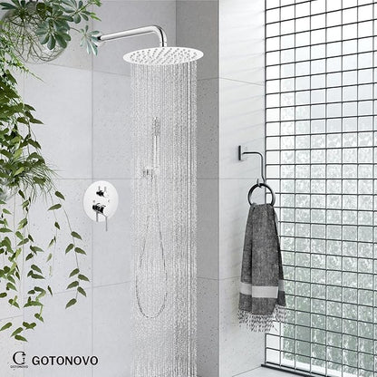 gotonovo Shower System 10 Inch Round Rainfall Showerhead Wall Mounted High Pressure Shower Faucet Set Fixture Combo with Rough in Valve and Cylindrical Handheld Spray, Polish Chrome