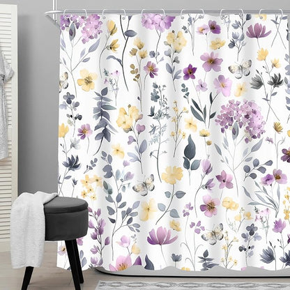 Purple Lilac Lavender Flower Floral Women Girls Bathroom Shower Curtain Set | 72"W x 72"H Girly Wildflower; waterproof HD print, quick-dry fabric and plastic hooks for easy setup.