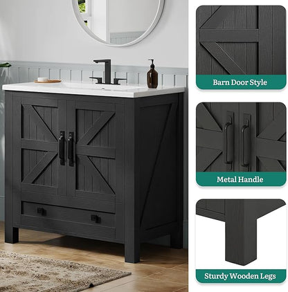 YITAHOME 30 Inch Farmhouse Bathroom Vanity with Sink, Small Space Bathroom Storage Cabinet with Large Drawer, 2 Wood Barn Doors with Built-in Door Racks