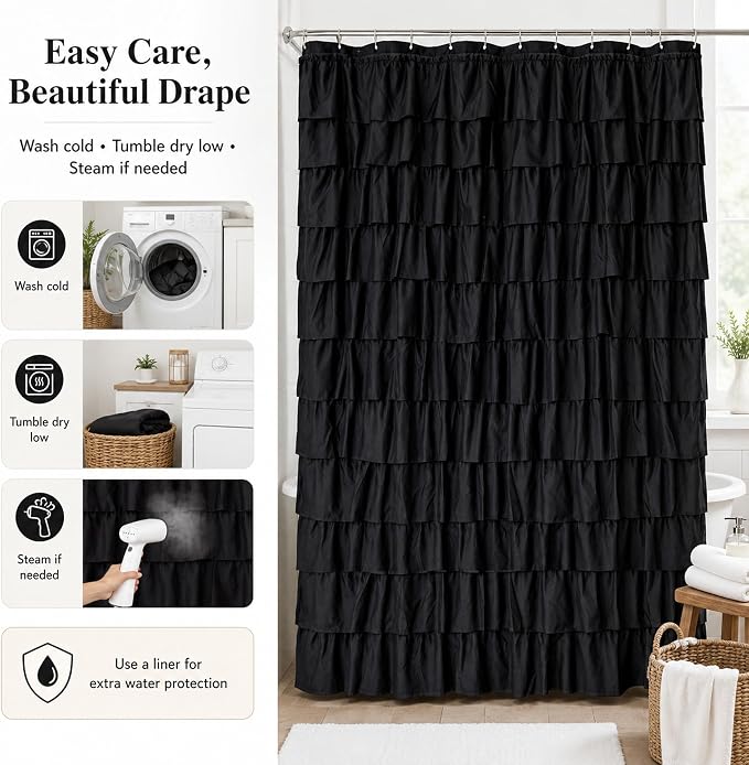 Black Gothic Shower Curtain for Bathroom, Extra-Long 72 x 84 inch, Ruffle | Cascading Layered Ruffles, 72x84, 8ft, 12 Plastic Hooks Included, Machine Washable, Soft Brushed Microfiber Fabric