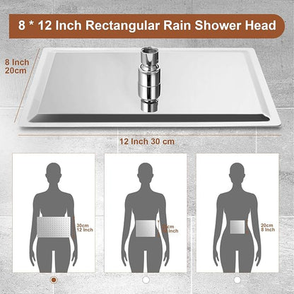 Shower Head, 12" Rain Shower Head with Handheld Spray Combo, High Pressure Rainfall Rectangle Shower Heads with Extension Arm Wide Dual Showerhead with Shower Slide Bar, Bathroom Accessories, Chrome