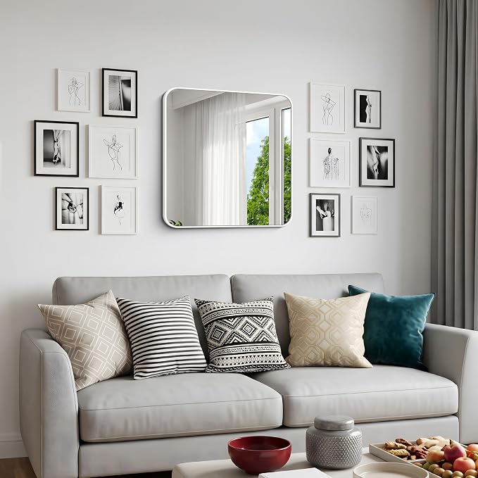 BONEWEI White Bathroom Mirror,24x24 inch Wall Mirror for Bathroom Wall Mounted,Rectangle Mirror for Bathroom Over Sink,Modern Frame Round Corner for Living Room,Bedroom Entryway,Horizontal/Vertical