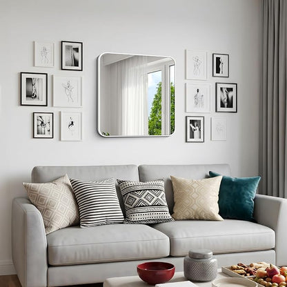 BONEWEI White Bathroom Mirror,24x24 inch Wall Mirror for Bathroom Wall Mounted,Rectangle Mirror for Bathroom Over Sink,Modern Frame Round Corner for Living Room,Bedroom Entryway,Horizontal/Vertical