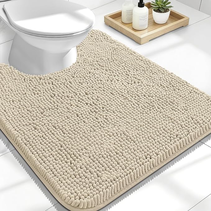 OLANLY Toilet Rugs U-Shaped 24x20, Soft Absorbent Chenille Contour Rugs | Sand, Quick-Drying Rubber Backing, Machine Washable Non-Slip Shaggy Bathroom Mat for Toilet, Home Decor Accessories