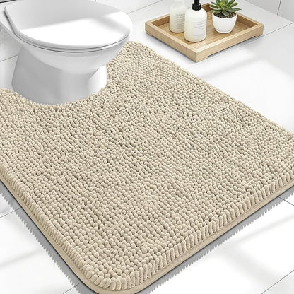OLANLY Toilet Rugs U-Shaped 24x20, Soft Absorbent Chenille Contour Rugs | Sand, Quick-Drying Rubber Backing, Machine Washable Non-Slip Shaggy Bathroom Mat for Toilet, Home Decor Accessories