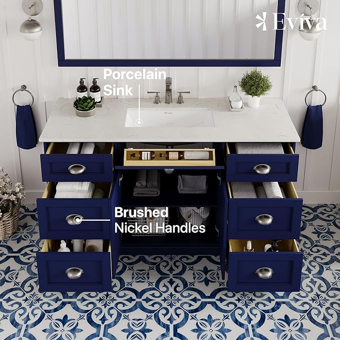 Eviva Epic 60 in. Blue Bathroom Vanity with White Carrara Quartz Countertop