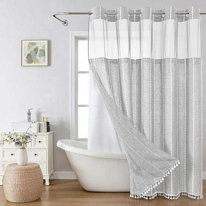 eachope Grey Farmhouse No Hook Shower Curtain Set with Snap-in Fabric Liner,Boho Heavy-Duty Linen Textured Rustic Striped Design,Water-Repellent with Tassels and Sheer Window,Gray,71x74 | Snap-in Liner,330GSM Thick Linen Textured Rustic Striped Design,...