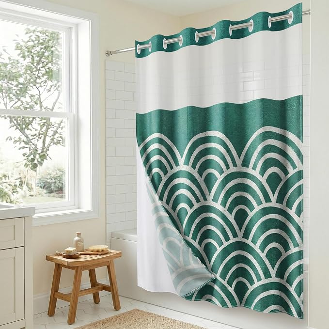 Americanflat 72x75 Hookless Shower Curtain - Water-Resistant Wave Pattern Shower Curtain with Sheer Panel, Snap-in Liner, and Durable Grommets - 100% Polyester - Teal and White