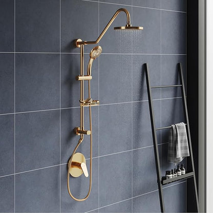 PULSE ShowerSpas Kauai III Brushed Gold Rain Shower Head with Handheld Spray - 2.5 GPM, 8" Showerhead, 5-Function HandShower, Adjustable Slide Bar - Shower Heads with Handheld Spray Combo