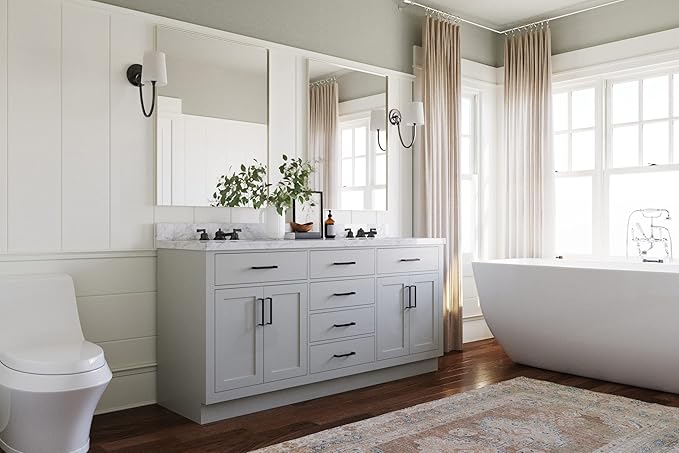 ARIEL Hepburn 72-inch Bathroom Vanity with Sink,Solid Wood, 1.5-inch Italian Carrara Marble Countertop & Backsplash, Double Oval Porcelain Sink, 4 Soft Closing Doors, 6 Dovetail Drawers, Grey