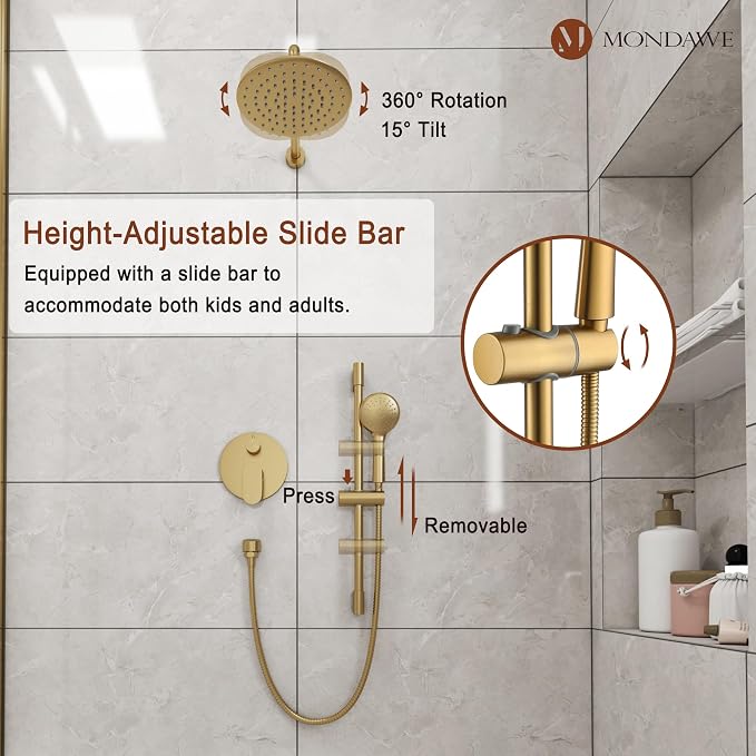 MONDAWE 9 Inch Wall Mounted Shower Faucet Set in Brushed Gold, Rainfall Shower Head with 3-Setting Handheld Spray Shower Set Combo, High Pressure Shower System with Solid Brass Valve