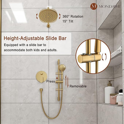 MONDAWE 9 Inch Wall Mounted Shower Faucet Set in Brushed Gold, Rainfall Shower Head with 3-Setting Handheld Spray Shower Set Combo, High Pressure Shower System with Solid Brass Valve