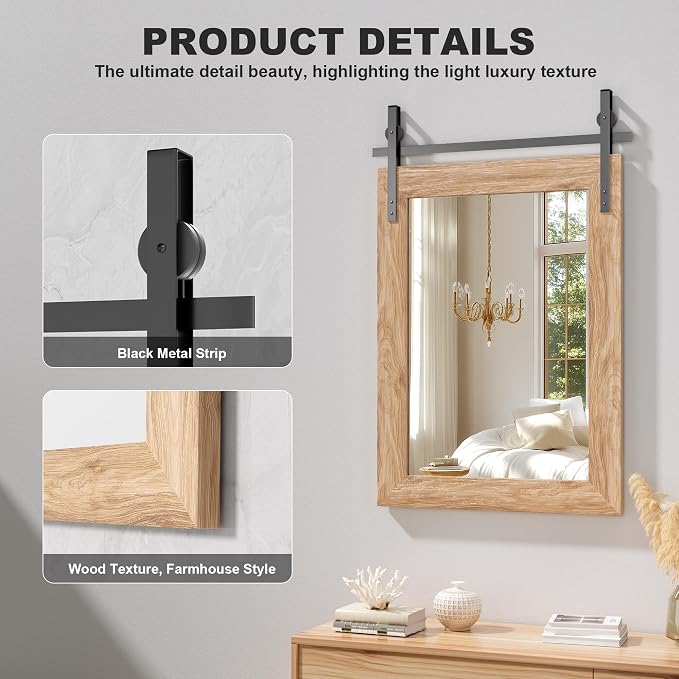 Hasipu Farmhouse Bathroom Mirror, 22"x30" Rustic Wood Framed Wall Mounted Mirror, Brown Vintage Vanity Mirror Barn Door Style Decrative Mirrors