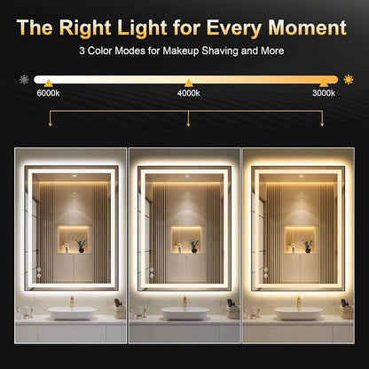 LED Bathroom Mirror with Light, 30x50 Vanity Mirror for Wall with Frame | Anti-Fog, Dimmable 3 Colors, Memory Function, Backlit and Front Lit, Shatter-Proof Glass, Plug-in/Hardwired