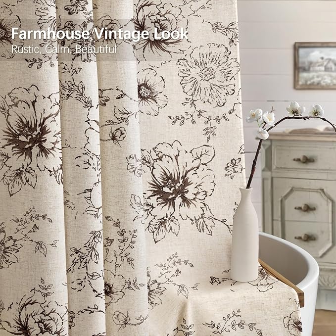 Farmhouse Floral Linen Shower Curtain, Vintage Brown Pattern Rustic Shower Curtains for Bathroom, Tan Taupe,72x72