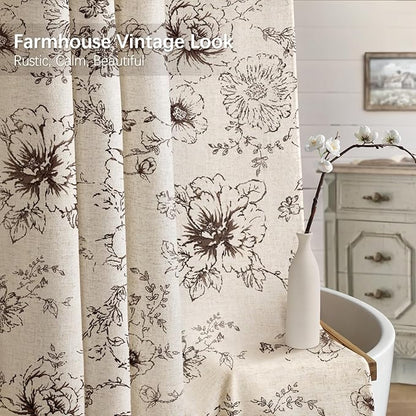 Farmhouse Floral Linen Shower Curtain, Vintage Brown Pattern Rustic Shower Curtains for Bathroom, Tan Taupe,72x72