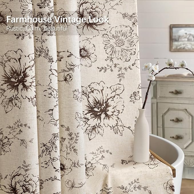 Farmhouse Floral Vintage Shower Curtain for Bathroom, Brown and Tan Taupe | 72" W x 84" L, Fall Elegant Boho Pattern Bath Curtain, Linen Fabric