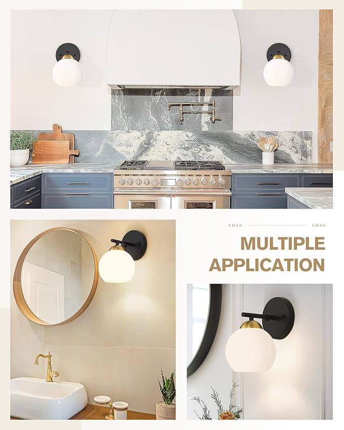 Emak Modern Sconces Wall Decor Set of 2, Black Gold Bathroom Vanity Light with Milk Glass Shade, Globe Wall Lamp for Living Room, Pictures, Bedroom, Bathroom, Hallway, WS114-BKBGD-ML-2PK