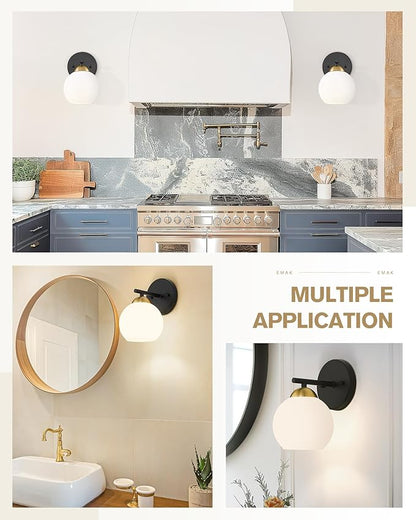 Emak Modern Sconces Wall Decor Set of 2, Black Gold Bathroom Vanity Light with Milk Glass Shade, Globe Wall Lamp for Living Room, Pictures, Bedroom, Bathroom, Hallway, WS114-BKBGD-ML-2PK