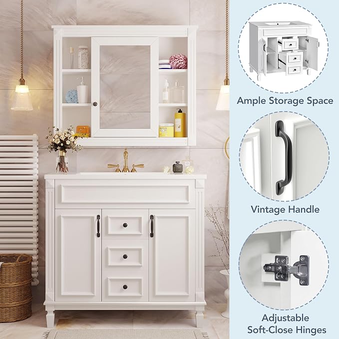 36" Bathroom Vanity with Top Sink, Mirror Cabinet, Modern Bathroom Storage Cabinet with 2 Soft Closing Doors and 2 Drawers, Single Sink Bathroom Vanity