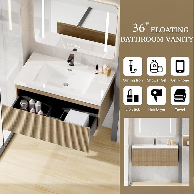 36 Inch Floating Bathroom Vanity with Sink, Modern Oak Wall Mounted Floating Vanity with Glossy Resin Sink, Soft Closing Drawer, Fully Pre Assembled Bathroom Vanity, Natural Oak