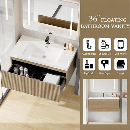 36 Inch Floating Bathroom Vanity with Sink, Modern Oak Wall Mounted Floating Vanity with Glossy Resin Sink, Soft Closing Drawer, Fully Pre Assembled Bathroom Vanity, Natural Oak