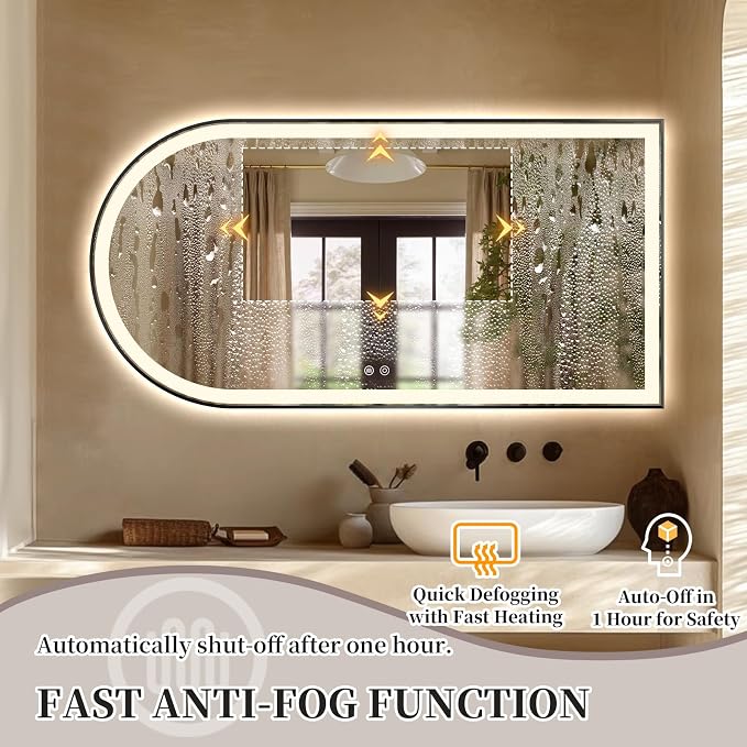 Arched LED Bathroom Mirror, 48"x24" Arch Backlit Vanity Mirror with Lights, Frontlit, Dimmable, 3 Colors, Memory Function, Anti-Fog Smart Mirror, Black Frame, Shatterproof, Horizontal-Right