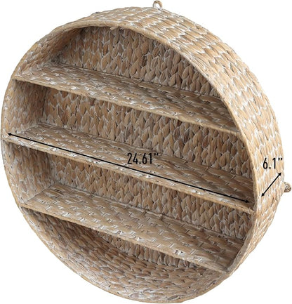 happimess Annulus 3-Shelf Circular Hyacinth Wall Rack 24.6", White Wash | Bohemian Coastal Decor For Entryway Bathroom Bedroom Living Room, Iron Frame, 22 Pounds Weight Capacity, Handwoven Artisanal