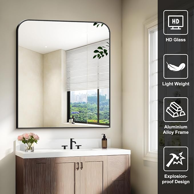 COFENY Bathroom Mirror, 36x40 inch Large Black Rectangle Wall Mounted Mirror with Thin Frame, Bathroom Vanity Mirrors for Over Sink, Entryway, Living Room, Bedroom