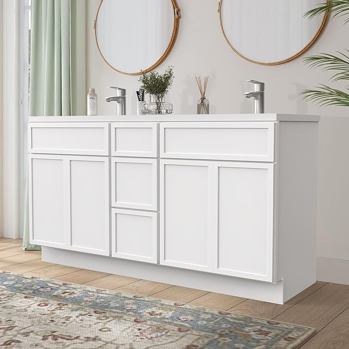 HomeBeyond 60 Inches Bathroom Vanity Base Cabinet Without Sink, Double Sink Top Sturdy Floor Mounted Cabinet with Door & Soft Closing Drawers, White, VA4124-2+VA4112-3