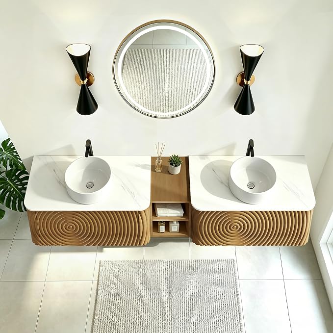 84" Floating Bathroom Vanity with Double Sink, Mid-Century Wall Mounted Bathroom Vanity Cabinet with Wood Waved Decor, Ceramic Vessel Basin, Sintered Stone Top, Soft Close Drawer, Side Open Cube