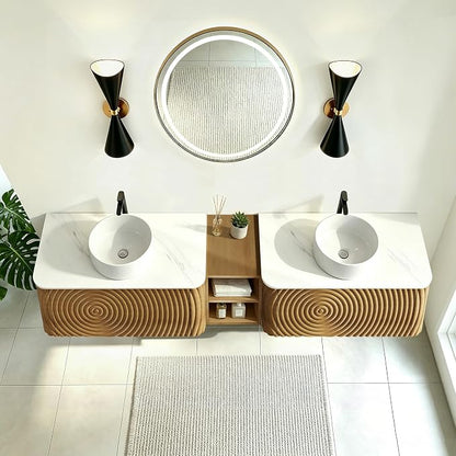 84" Floating Bathroom Vanity with Double Sink, Mid-Century Wall Mounted Bathroom Vanity Cabinet with Wood Waved Decor, Ceramic Vessel Basin, Sintered Stone Top, Soft Close Drawer, Side Open Cube