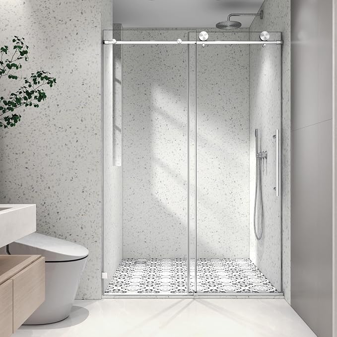 Single Sliding Shower Door,49"-54" W x 76" H Frameless Shower Door with 5/16" (8mm) Thick SGCC Tempered Glass W/Adjustable Soft Closing,Bathroom Glass Door for Spa（Brushed Nickel ）