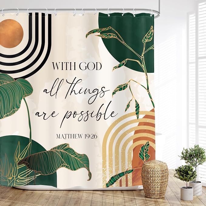 Green Boho Bible Shower Curtain Christian Scripture Bathroom Curtain Set | Verse Inspirational Quotes Abstract Tropical Palm Mid Century 60Wx72L Bathroom Decor Waterproof Fabric with Free Hooks