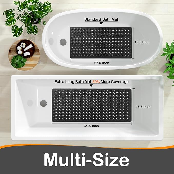 Yimobra Bathtub Mat Non Slip, 34.5"X15.5" Long Shower Mat for Inside Shower, Machine Washable Bath Mat with Drain Holes & Strong Suction Cups, Soft on Feet, Bathroom Essentials, Black