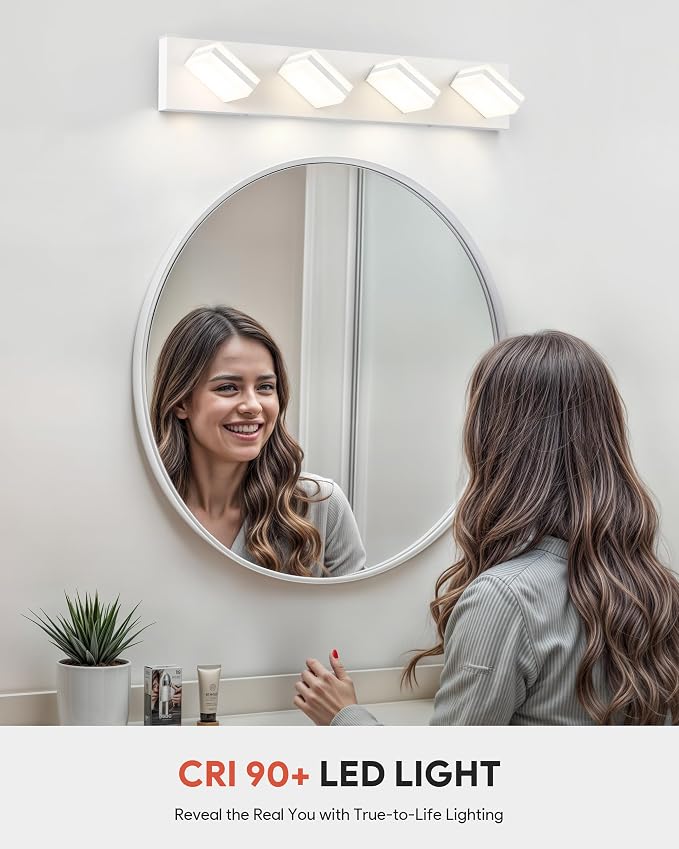 VONLUCE LED Modern Bathroom Vanity Light Fixture, Matte White | 26'', 4-Light, 3CCT, 360° Rotate, High CRI, Flicker-free, Dimmable, Memory Function, Waterproof IP44, Easy Installation