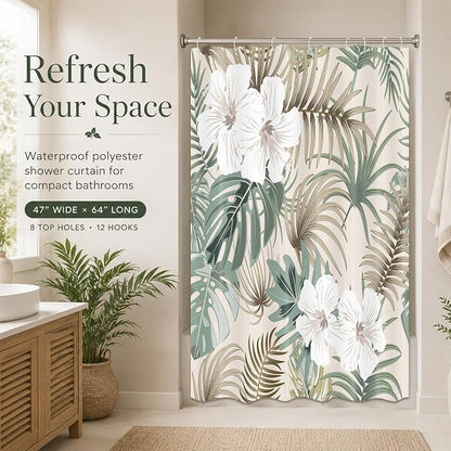 Tropical Shower Curtain for Bathroom, Green Palm Tree Flower Plant Boho Leaf Banana Monstera Sage Beige Shower Curtains Set, Fabric Bathroom Accessories with Hooks 47x64 Inch