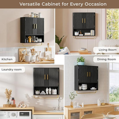 Bathroom Wall Cabinet, Medicine Cabinet with Fluted Door & Adjustable Shelf | Over The Toilet Storage Cabinet with Towel Bar, Space-Saving Cabinet Wall Mount for Laundry Room, Kitchen, Living Room