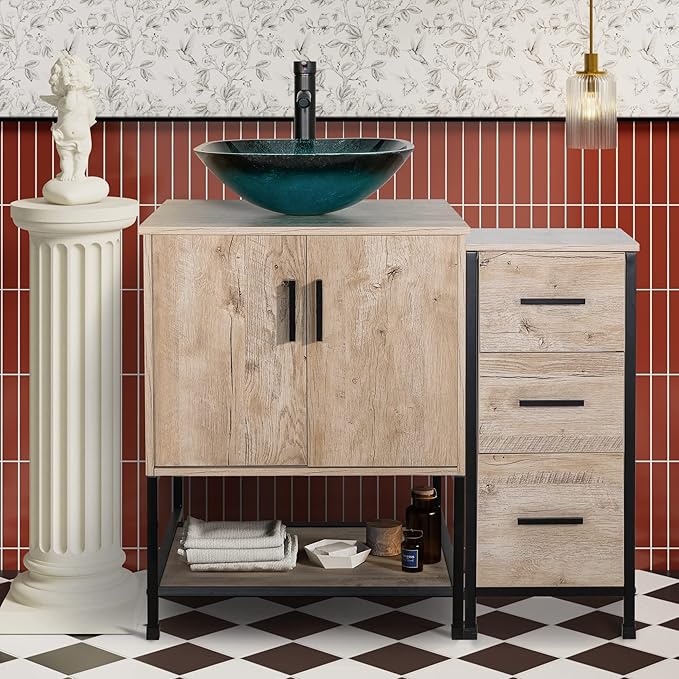 UEV 36" Bathroom Vanity, Oak Color Bathroom Vanity Set with Sink and 3 Drawers Side Cabinet Combo, with Adjustable Water Temperature Faucet (A10)