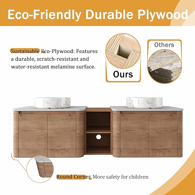 Malwee 72" Floating Bathroom Vanity with Sink, 72 Inch Wall Mounted Bathroom Cabinet Combo, Modern Double Sink Bath Storage Vanity Set, with 4 Soft Close Doors and Ceramic Vessel Basin Top(72-PP