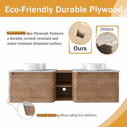 Malwee 72" Floating Bathroom Vanity with Sink, 72 Inch Wall Mounted Bathroom Cabinet Combo, Modern Double Sink Bath Storage Vanity Set, with 4 Soft Close Doors and Ceramic Vessel Basin Top(72-PP