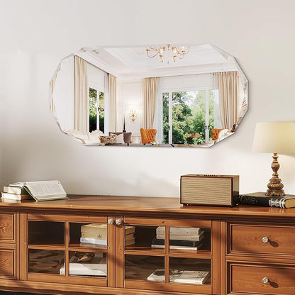 GLASHOM Beveled Edge Frameless Bathroom Mirror, Oval Wall Mirror for Over Sink, 18" x 36" Modern Decorative Vanity Mirror for Bedroom, Living Room, Entryway, Hanging Mirror Horizontal or Vertical