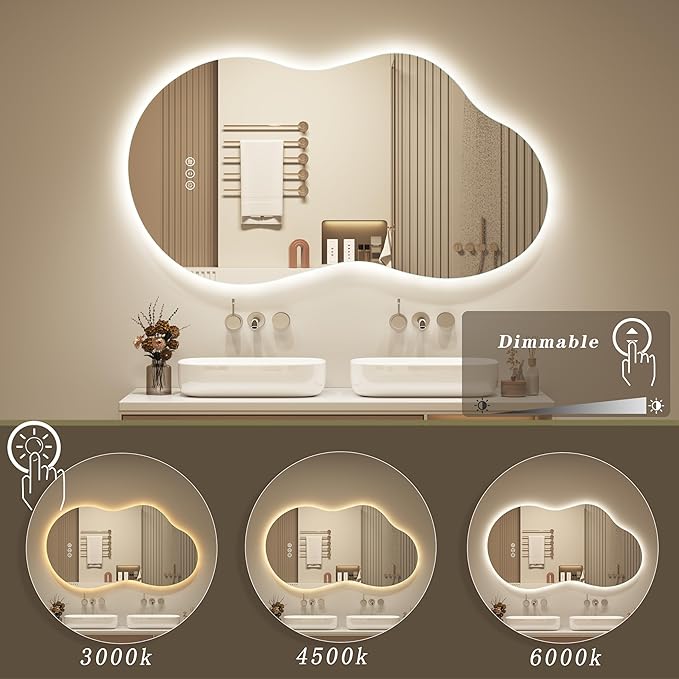 OKPAL Irregular Backlit Bathroom Mirror with Lights 20 x 36, Asymmetrical Cloud Led Lighted Vanity Mirror for Wall, Anit-Fog, Dimmable, Memory Function (Horizontal/Vertical)